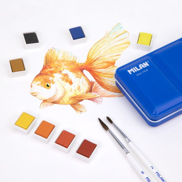 Peinture aquarelle - Boîte 24 demi-godets - Palette intégrée - Scolaire - Milan