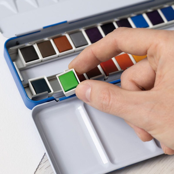 Peinture aquarelle - Boîte 24 demi-godets - Palette intégrée - Scolaire - Milan