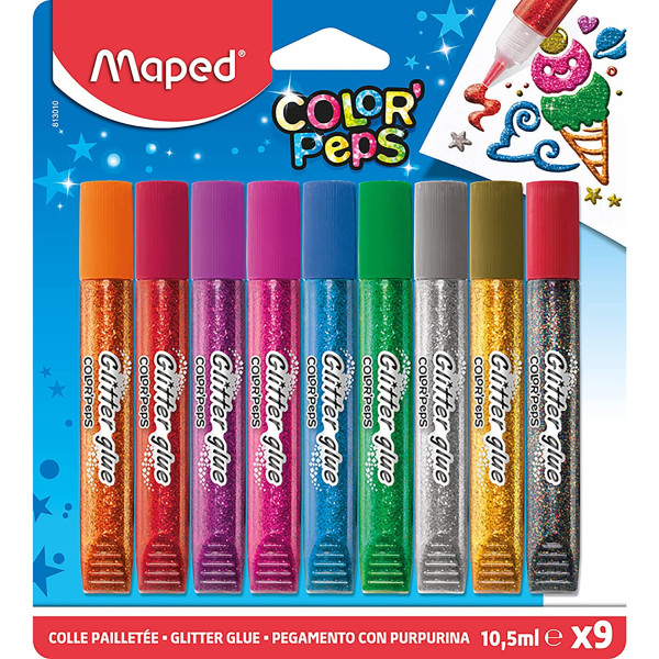 photo-Colles à paillettes - Tubes de colles pailletées brillant - 9 couleurs - Maped Color'Peps