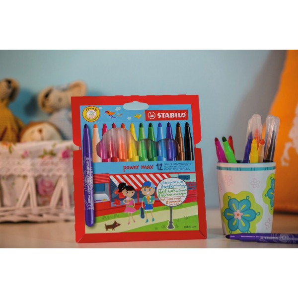 Feutres de coloriage - 12 couleurs - Stabilo - Power Max - Pointe extra large