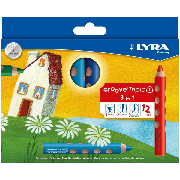 Crayons de couleur - Enfant - Extra large - 12 couleurs - 3 en 1 - Lyra - Groove Triple