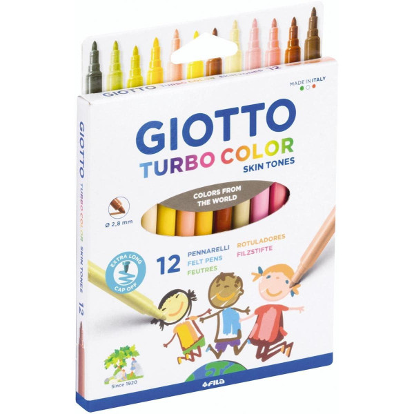 Feutres de coloriage - Pointe moyenne - 12 couleurs - Tons peau - Giotto - Turbo color