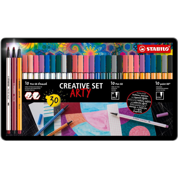 Feutres - STABILO ARTY - Coffret métal créatif - Pen 68 - Pen 68 Brush - Point 88