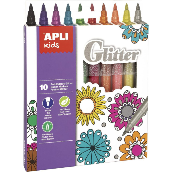 Feutres de coloriage - Avec des paillettes - 10 couleurs - Pointe ronde - Apli Kids