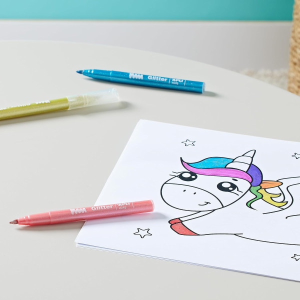 Feutres de coloriage - Avec des paillettes - 10 couleurs - Pointe ronde - Apli Kids