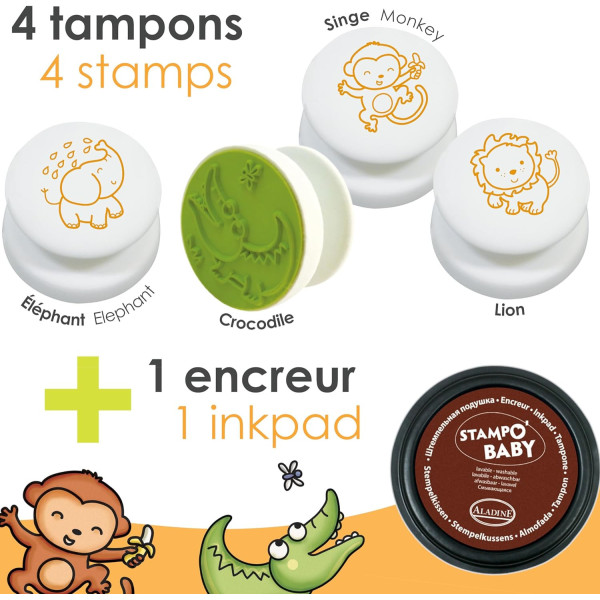Tampons encreur - Pour enfant - Animaux savane - Encre lavable - Dès 2 ans - Aladine