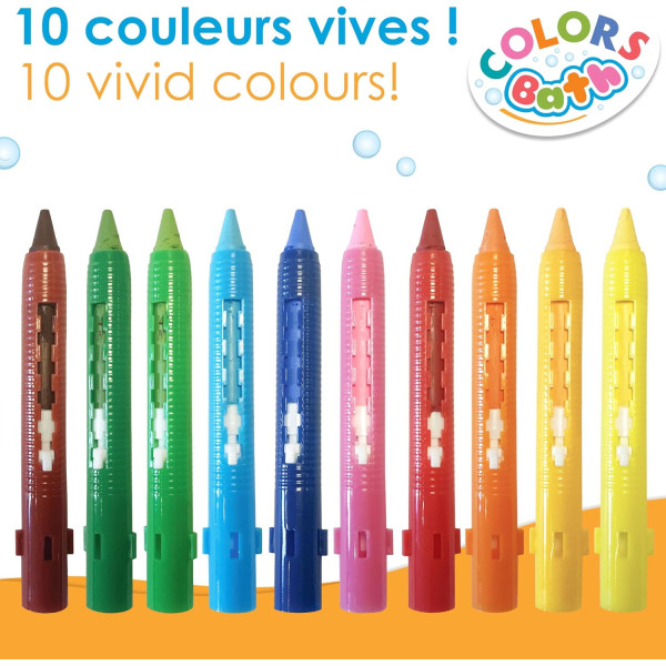 Crayons de coloriage - Pour le bain - Effaçable à l'eau - 10 couleurs - Aladine