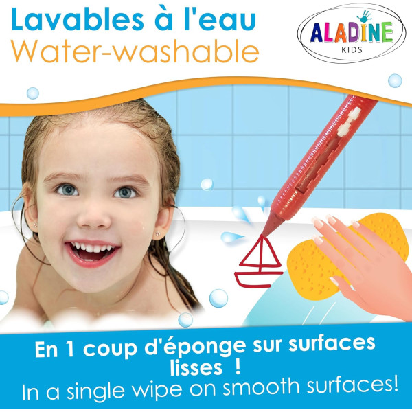 Crayons de coloriage - Pour le bain - Effaçable à l'eau - 10 couleurs - Aladine
