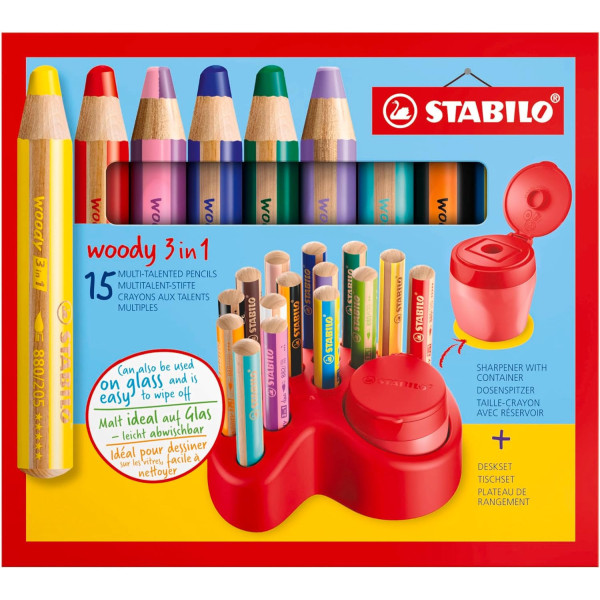 15 crayons de couleur - STABILO Woody 3 en 1 - Taille-crayon + pot de rangement