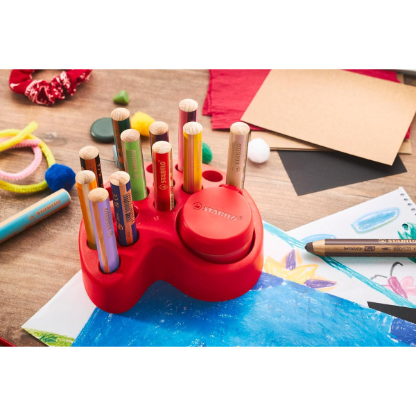 15 crayons de couleur - STABILO Woody 3 en 1 - Taille-crayon + pot de rangement