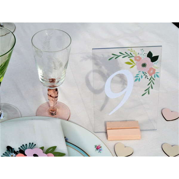Marque-place - Déco de table - Plexiglas - Transparent - 10x15cm - Socle bois - 5 pièces