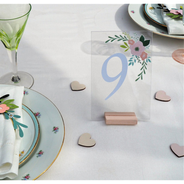 Marque-place - Déco de table - Plexiglas - Transparent - 10x15cm - Socle bois - 5 pièces
