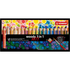 photo - Crayons de couleur - STABILO Woody 3 en 1 - Arty - 18 couleurs + 1 taille-crayon + 1 pinceau