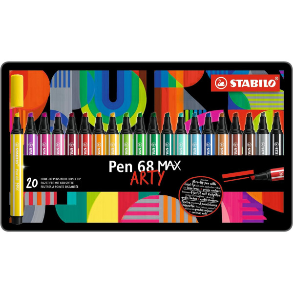 photo - Feutres dessin - STABILO Pen 68 Max - Pointe large - Arty - 20 couleurs - Boite métal