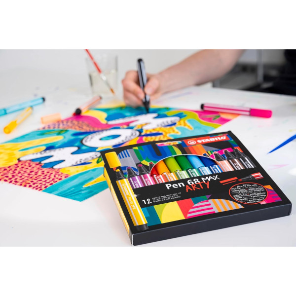 Feutres dessin - STABILO Pen 68 Max - Pointe large - Arty - 20 couleurs - Boite métal