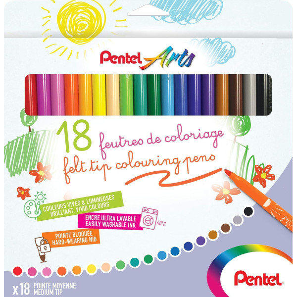 photo-18 feutres de coloriage - Pour enfant - Pointe moyenne - Lavable - Pentel Arts