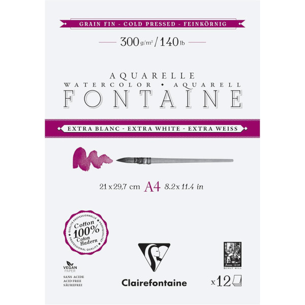 photo - Bloc - Peinture aquarelle - Grain fin - A4 - 21x29,7cm - 300g - Clairefontaine - Fontaine