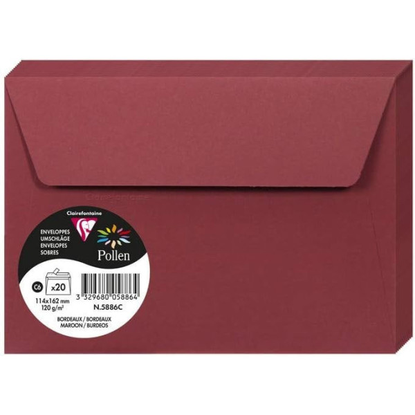 photo - Enveloppes - Format C6 - 114x162mm - Pollen - Bordeaux - 20 unités - Clairefontaine