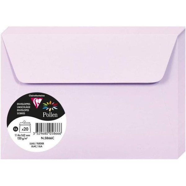 photo - Enveloppes - Format C6 - 114x162mm - Pollen - Lilas - 20 unités - Clairefontaine
