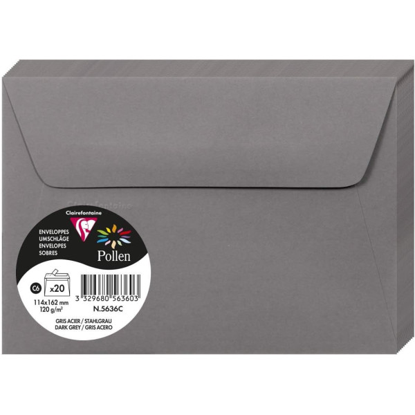 photo - Enveloppes - Format C6 - 114x162mm - Pollen - Gris acier - 20 unités - Clairefontaine