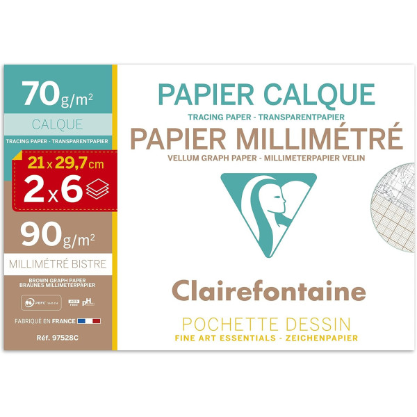 photo-Papier millimétré + papier calque - A4 - 21x29,7 cm - Pochette de 12 feuilles - Clairefontaine