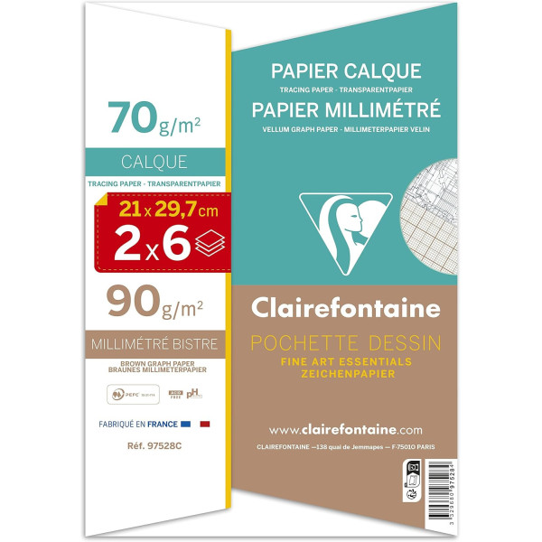 Papier millimétré + papier calque - A4 - 21x29,7 cm - Pochette de 12 feuilles - Clairefontaine