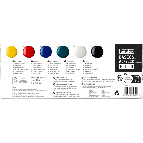 Peinture acrylique - Liquitex - Basics Acrylic Fluid - 6 couleurs - Flacons 118ml