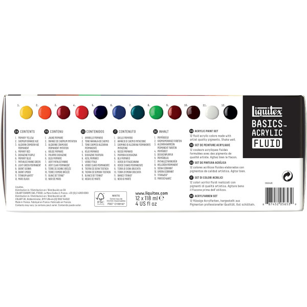 Peinture acrylique - Liquitex - Basics Acrylic Fluid - 12 couleurs - Flacons 118ml