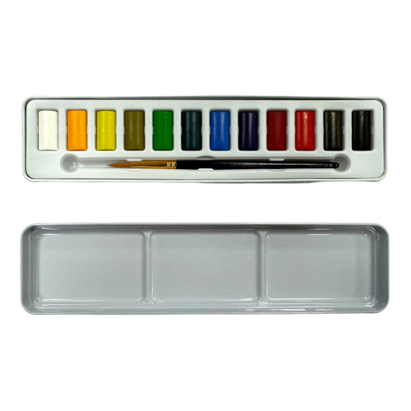 Peinture aquarelle - 12 couleurs - Demi-godet - Pinceau + pinceau à réservoir - AMT