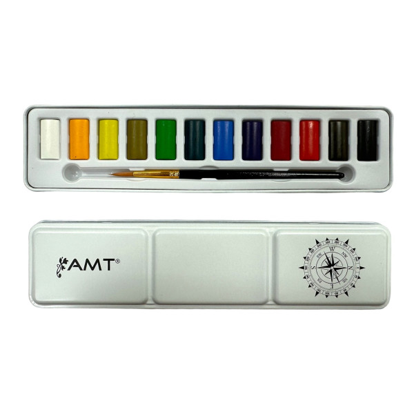 Peinture aquarelle - 12 couleurs - Demi-godet - Pinceau + pinceau à réservoir - AMT