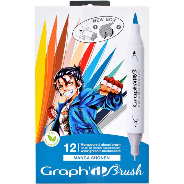 photo-Marqueurs à alcool - Double pointe brush - Dessin, illustration, manga - 12 couleurs - Graph'it