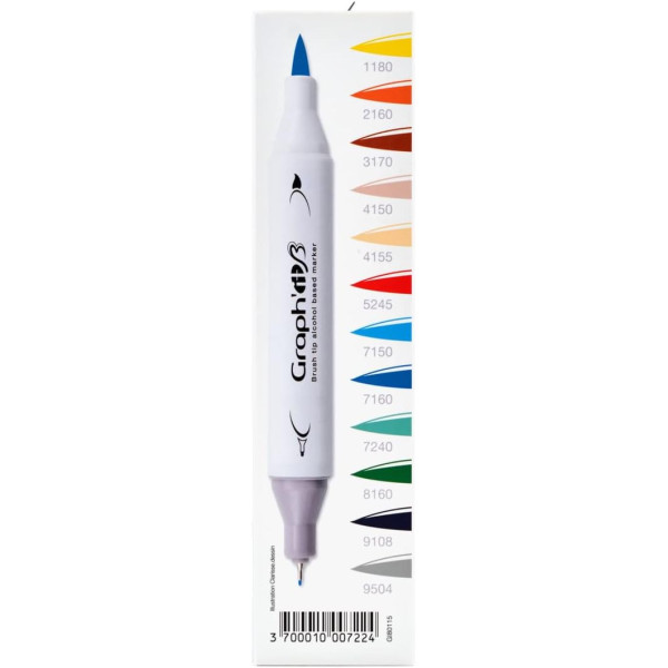 Marqueurs à alcool - Double pointe brush - Dessin, illustration, manga - 12 couleurs - Graph'it