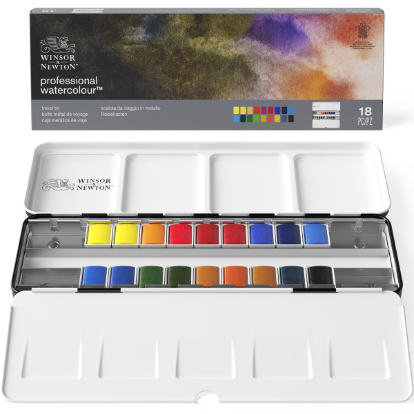 photo - Peinture aquarelle - Boîte de voyage métal - 18 demi-godets - Winsor et Newton