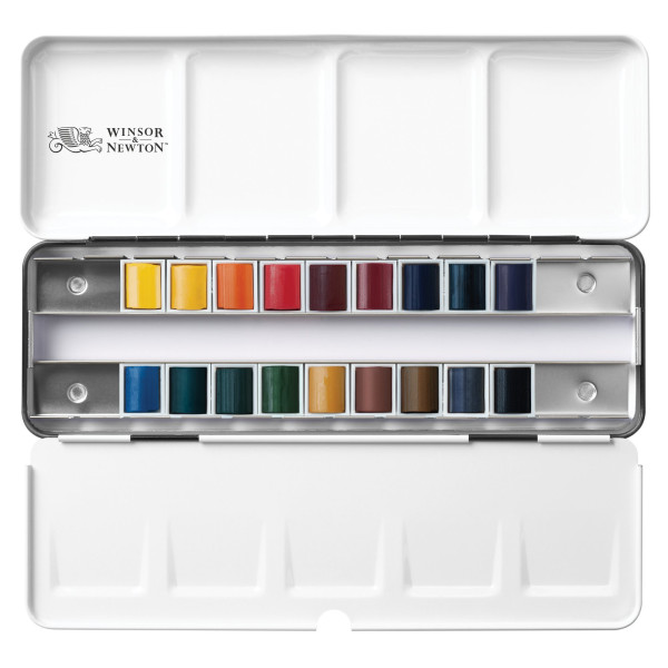 Peinture aquarelle - Boîte de voyage métal - 18 demi-godets - Winsor et Newton