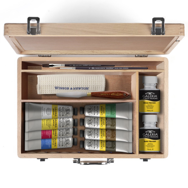 photo - Peinture acrylique - Coffret bois - 8 tubes 60ml + accessoires - Winsor et Newton