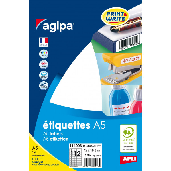 1792 étiquettes - A5 - 12x18,3mm - 112 étiquettes par planche - Apli