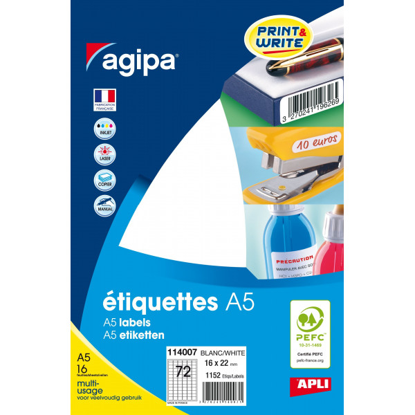 1152 étiquettes - A5 - 16x22mm - 72 étiquettes par planche - Apli