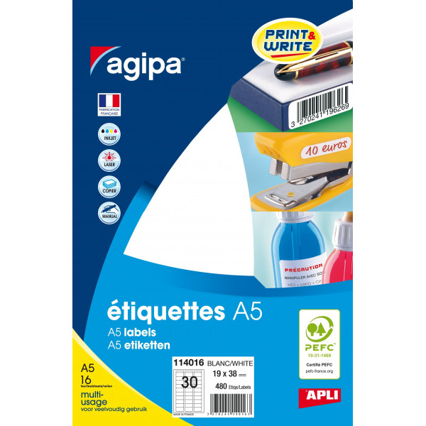 480 étiquettes - A5 - 19x38mm - 30 étiquettes par planche - Apli