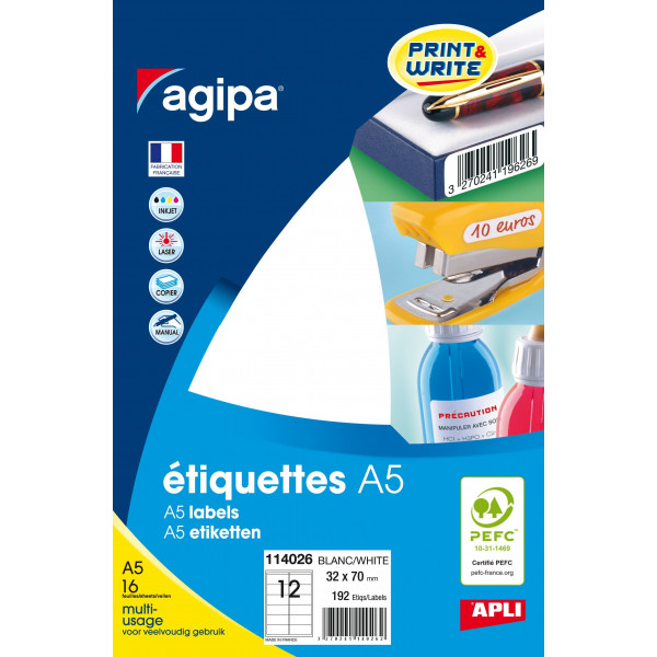 192 étiquettes - A5 - 32x70mm - 12 étiquettes par planche - Apli