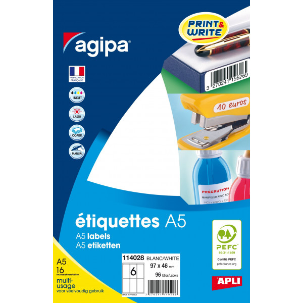 96 étiquettes - A5 - 97x46mm - 6 étiquettes par planche - Apli