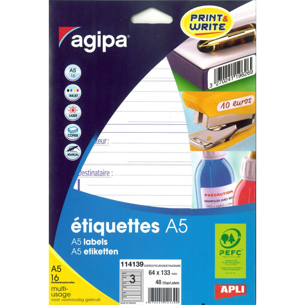 48 étiquettes expéditeur/destinataire - A5 - 64x133mm - 3 étiquettes par planche - Apli