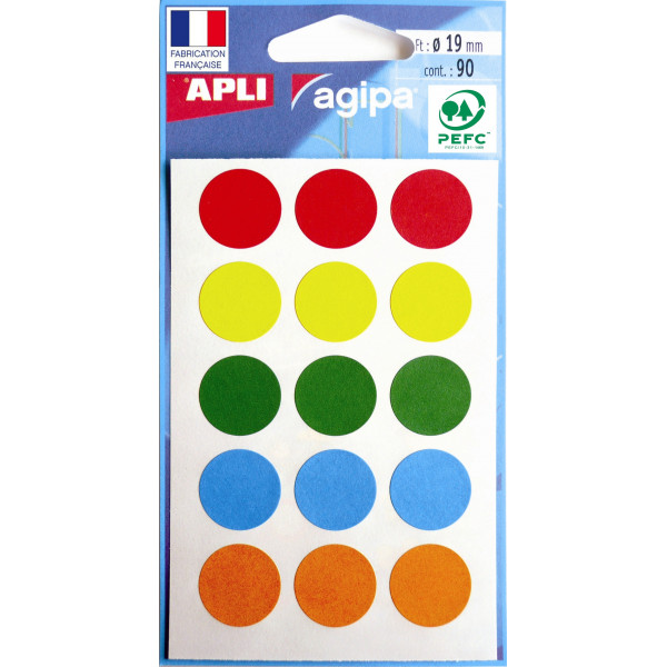 Gommettes auto-adhésives - 19mm - 90 étiquettes - Assortiment - Apli