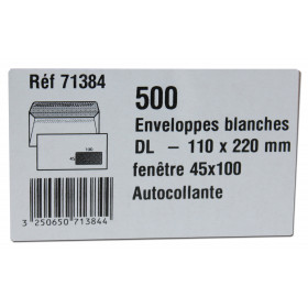 500 Enveloppes Blanches Dl À Fenêtre 45X100Mm Autocollante 110X220Mm Gpv 71384 | Artmania