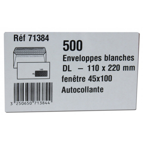 500 Enveloppes Blanches Dl À Fenêtre 45X100Mm Autocollante 110X220Mm Gpv 71384 | Artmania