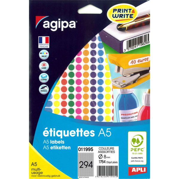 2058 gommettes de couleurs - A5 - 8mm de diamètre - 294 gommettes par planche - Apli