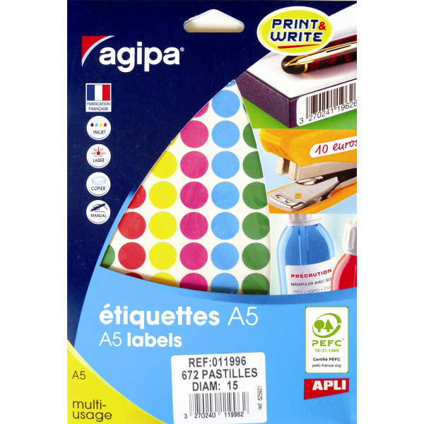 672 gommettes de couleurs - A5 - 15mm de diamètre - 96 gommettes par planche - Apli