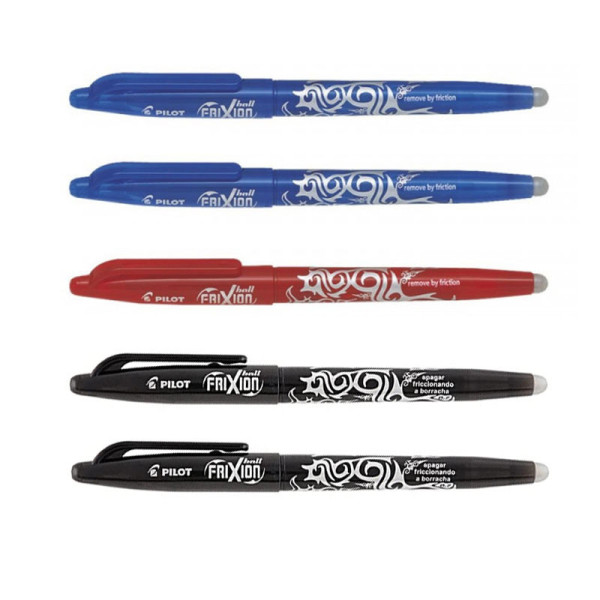 Lot de 5 stylos FriXion Ball pointe moyenne 0.7mm bleu rouge noir Pilot