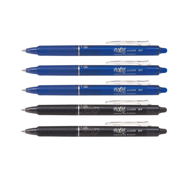 Lot de 5 stylos FriXion Ball Clicker pointe moyenne 0.7mm bleu et noir Pilot