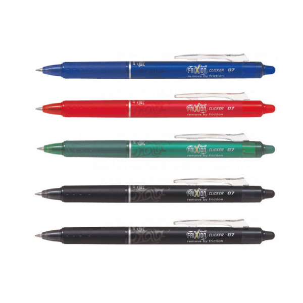 Lot de 5 stylos FriXion Ball Clicker pointe moyenne 0.7mm bleu rouge noir vert Pilot