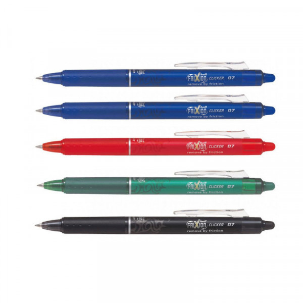 Lot de 5 stylos FriXion Ball Clicker pointe moyenne 0.7mm bleu rouge noir vert Pilot